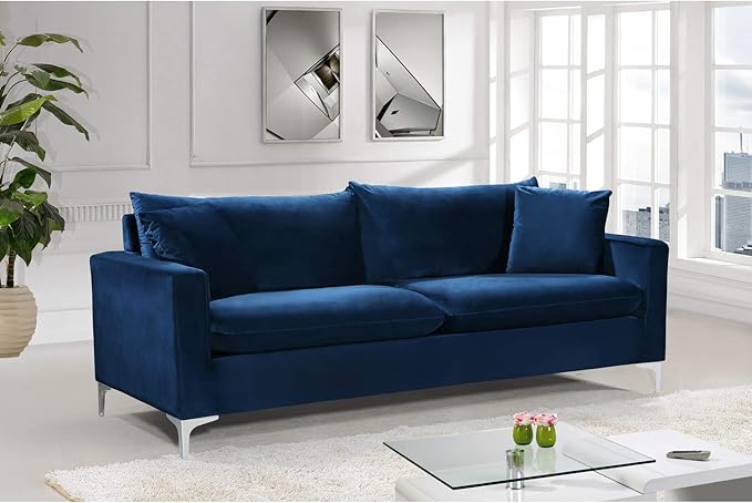 Meridian Furniture Naomi Collection Modern | Contemporary Black Velvet Upholstered Sofa with Stainless Steel Base in a Rich Gold or Chrome Finish, (633Black-S)