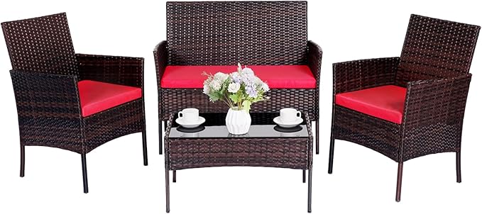 Patio Furniture Set,4 Piece Garden Conversation Set, Outdoor Wicker Rattan Table and Chairs, Black Patio Set, Sectional Sofa with Thick Cushion for Garden, Yard, or Porch (Brown/Red)