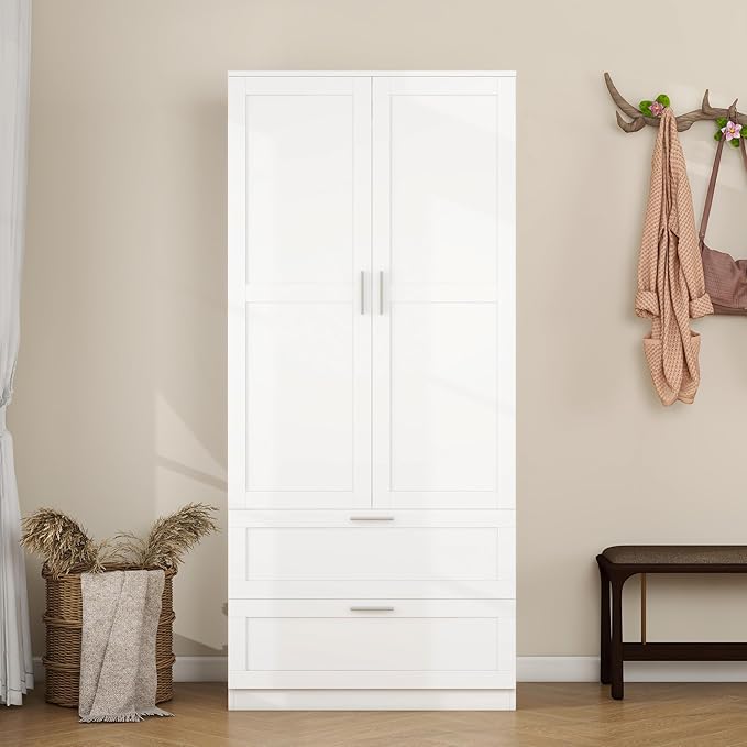 Panana Modern 2 Doors 2 Drawers Bedroom Armoires Wardrobe Clothes Storage Closet with Hanging Rod, Wooden Bedroom Freestanding Wardrobe, 31.5" W x 19.7" D x 70" H (White)