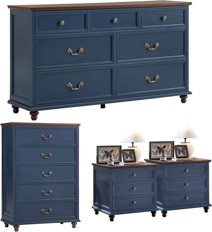 Joaxswe 24" Wide Farmhouse Nightstand Set of 2, 54" 7 Drawers Dresser, 45" Tall Rustic Chests of 5 Drawers w/ 4 Solid Wood Feet, Farmhouse Furniture Series for Living Room,Bedroom,DarkBlue