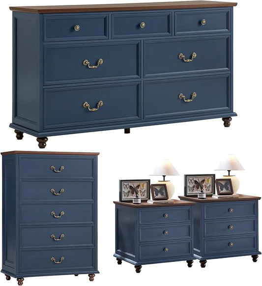 Joaxswe 24" Wide Farmhouse Nightstand Set of 2, 54" 7 Drawers Dresser, 45" Tall Rustic Chests of 5 Drawers w/ 4 Solid Wood Feet, Farmhouse Furniture Series for Living Room,Bedroom,DarkBlue