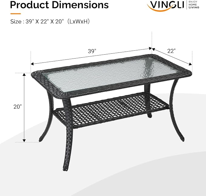 VINGLI Outdoor Coffee Table with Storage Wicker Patio Coffee Table, Tempered Glass Top Coffee Table for Patio Outside Balcony Porch Deck (Black) - Image 3