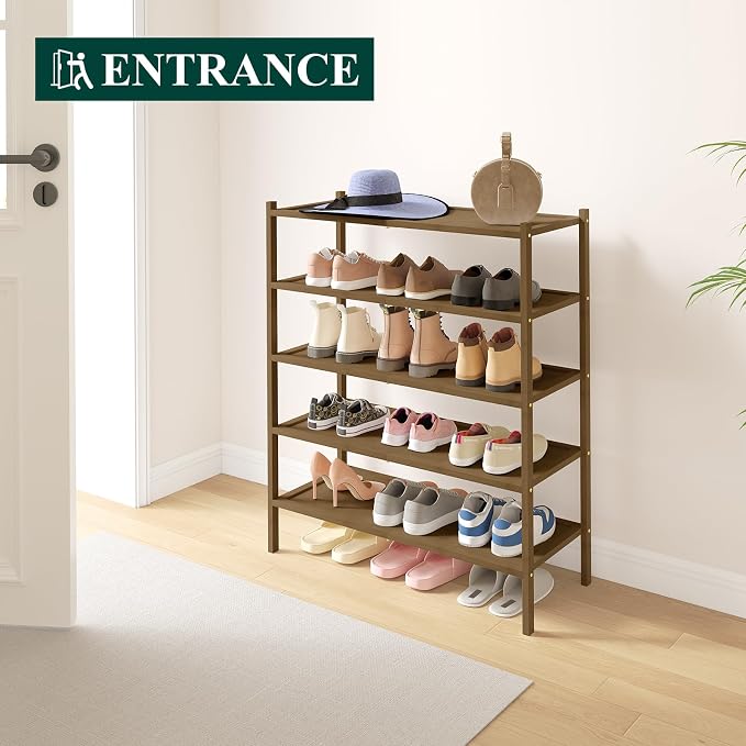 Smiry Bamboo Shoe Rack, 5 Tier Shoe Organizer for Entryway & Closet, Stackable Free Standing Storage Shelf for Shoes, Bags & Plants, Walnut - Image 6