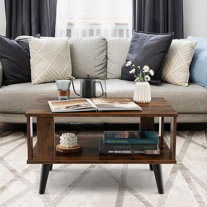 Tangkula Small Coffee Table for Living Room, 2-Tier Wooden Center Table with Open Storage Shelf, Side Baffle, Easy Assembly, Industrial Side Table for Small Space Bedroom (Rustic Brown)