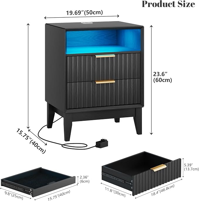 LVSOMT 20'W Fluted Nightstand Set of 2, Night Stand with Charging Station and LED Lights, RFID Lock Hidden Drawer, Mid Century Modern Bedside Table for Bedroom, 2 Drawers and Open Storage Cubby, Black - Image 2