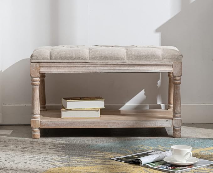 Kmax Storage Entryway Bench Tufted Shoe Rack Bench Wood Window Bench for Hallway Entrance Bedroom Corner-1 Seat, Beige - Image 3