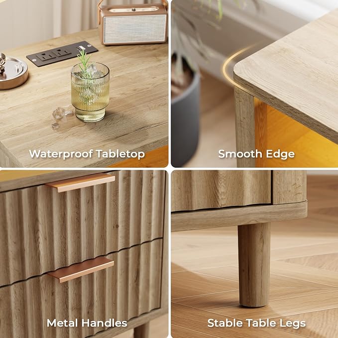 Fluted Nightstand Set of 2, Multifunctional 3 Drawers Storage Bedside Table with Charging Station, Wood Modern Nightstand, Curved Profile Design, End Table for Indoor Room Bedroom, Oak - Image 5