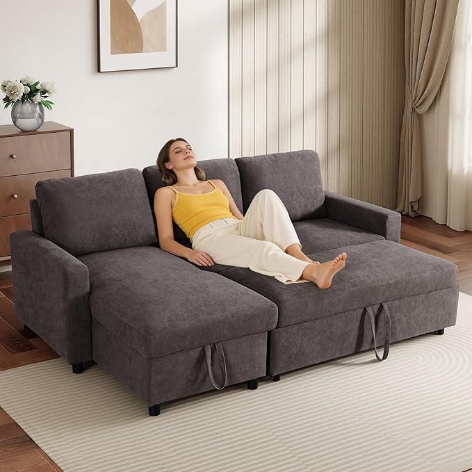 L-Shaped Sleeper Sofa with Chaise Lounge & Storage, Pull-Out Couch Bed with Recliner, Full Size Futon for Living Room, Office, Apartment, Coffee