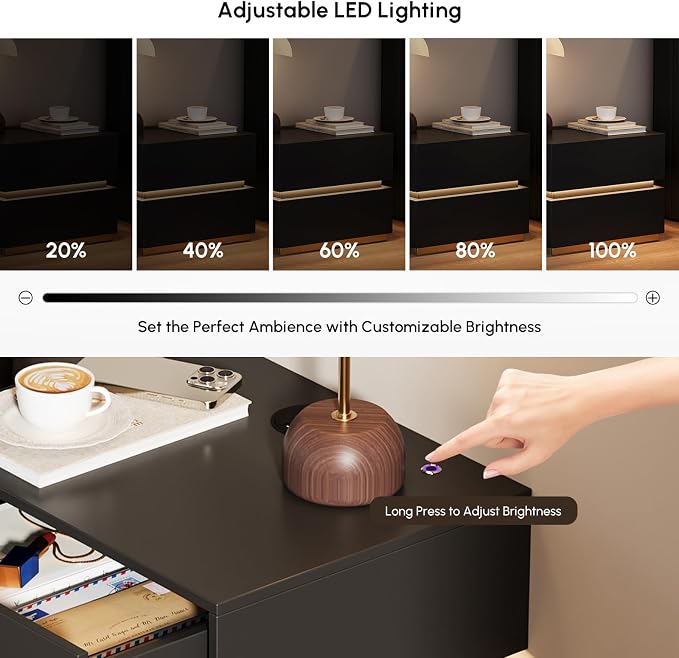 homary Smart Nightstand Set of 2 with Wireless Charging Station, USB & Type-C Ports, LED Light – Modern Black Bedside Table for Bedroom Storage (Black, 2 Drawers) - Image 4