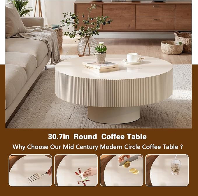 Round Drum Coffee Table White Round Fluted Coffee Table Circle Center Table Pedestal End Table for Apartment (Cream White)