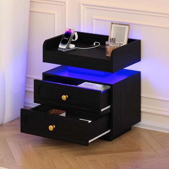 4ever2buy Black Night Stand with Adjustable LED Lights and Charging Station Modern Bedside Table with 2 Storage Drawers End Table for Bedroom - Image 7