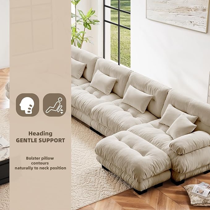 173.2" U-Shaped Cloud Couch, Oversized Modular Sectional Sofa, Deep Seat Cloud Boneless Couch, 4-Seat Modular Sectional Sofa with 2 Ottoman or Living Room,Bedroom and Apartment, Light Coffee