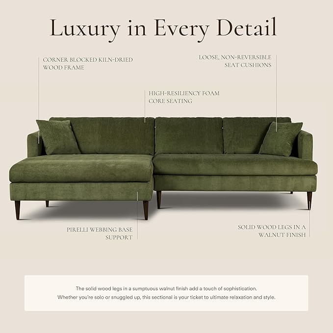 POLY & BARK 108" Lucerne Left-Facing Sectional Sofa with Extra-Wide Chaise – Upholstered in Distressed Green Velvet – Deep, Relaxed Modern Design for Living Room Lounging, Hosting and Everyday Comfort