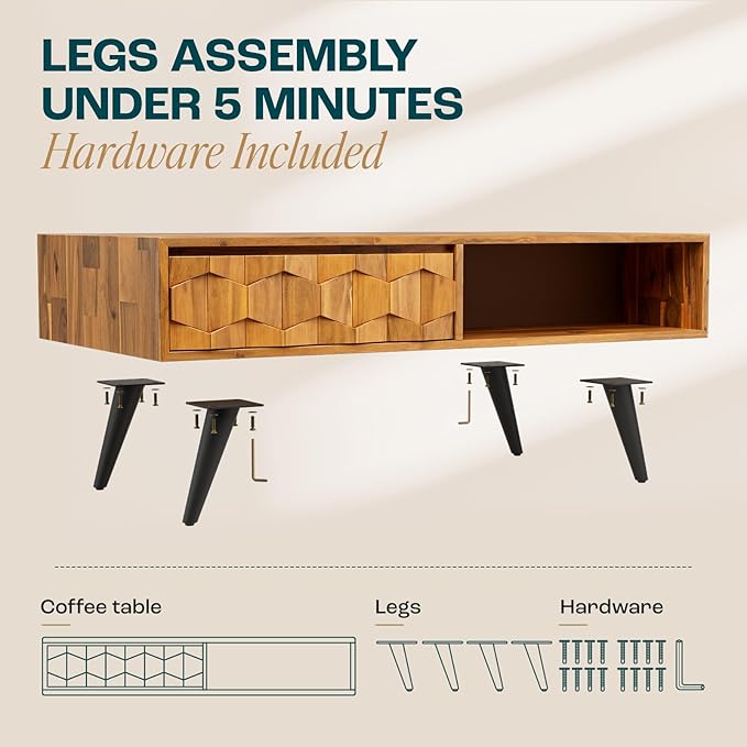 Bme Georgina Solid Wood Coffee Table, 2 Drawers & Open Shelves, Mid Century Modern Center Table, 110 cm, Teak Brown, Pre-Assembled