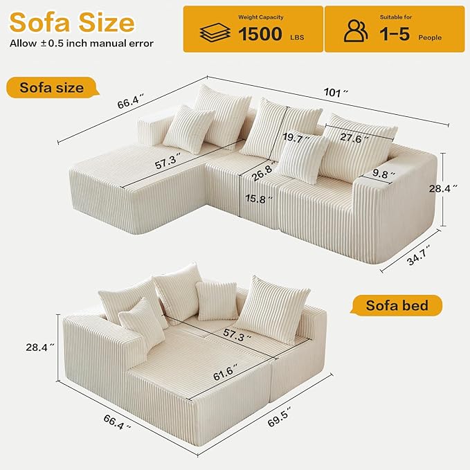101 Inch Cloud Sectional Couch, Boneless Sofa for Living Room, Corduroy Modular Couch with L Shape Chaise, Modern Compressed Sofa in a Box, Memory Foam Filling (Beige)