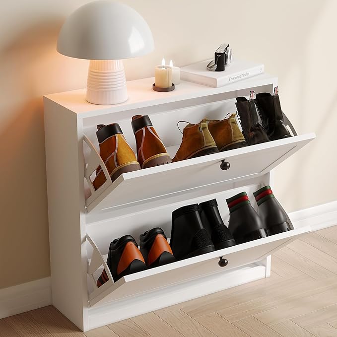VOWNER Shoe Cabinet with 2 Flip Drawers, Freestanding Shoe Storage Cabinet with Adjustable Shelf & Anti-Tipping Device, Shoe Rack for Entryway, Hallway, Living Room (White) - Image 5