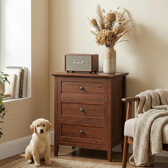 Karl home Farmhouse Nightstand with Charging Station, Wide End Table with 3 Large Drawers & Mental Handles, Wood Small Side Table of Drawers for Bedroom, Closet, Brown - Image 10