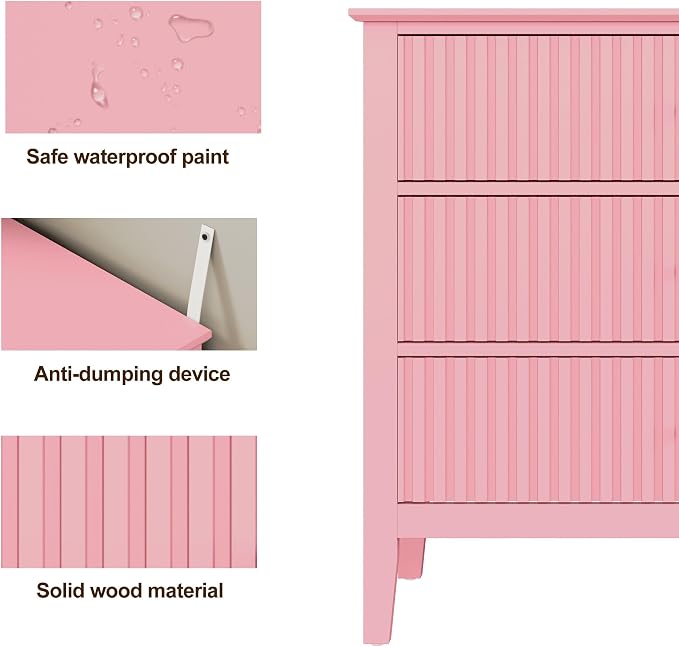 May in Color Large Pink 3 Drawer Dresser, Painted 30 Inch Tall Wood Nightstand with Storage, Wide Modern Chest of Drawers with Ball Bearing Slide for Bedroom Hallway Living Room Entryway Office - Image 5