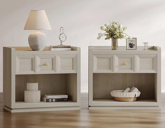 SICOTAS Night Stand Set 2, 26" Wide Nightstands with Drawer, Large Queen Size Nightstands Set of 2, Modern Bedside Table for Bedroom, Side End Table, Grey White Oak by SICOTAS