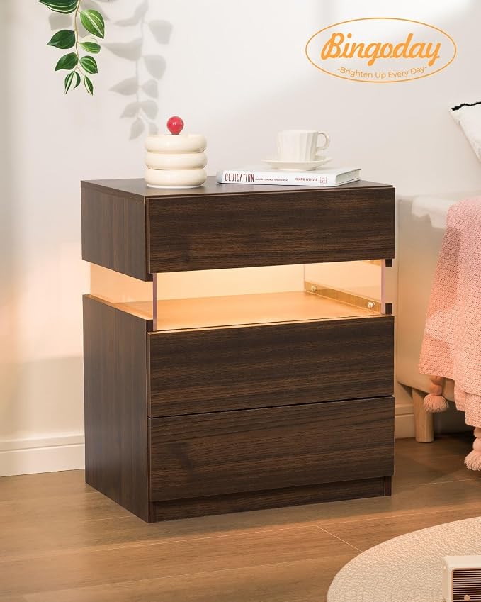 Bingoday LED Nightstand Wood LED Bedside Tables LED Night Stand with 3 Drawers End Side Tables for Bedroom Living Room - Image 7