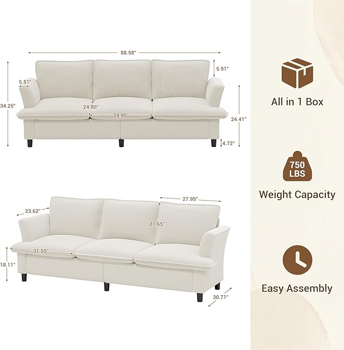 3 Seater Corduroy Couch, 89" Comfy Couch with Deep Seat, Modern Sofa Couch for Living Room, Office, Bedroom, Apartment (Pillows not Included) | Breathable material, Pet - friendly, Strong support
