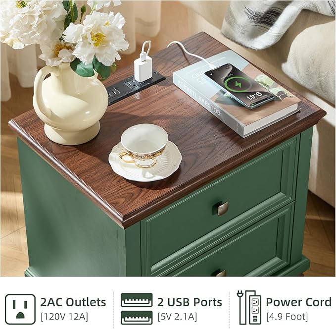 SAVOR LIFE Farmhouse Nightstand with Charging Station, Rustic Low Night Stand with 2 Drawers, Mid-century Modern End Table with 4 Square Solid Wood Legs, Small Vintage Dresser for Bedroom, Home, Green - Image 5