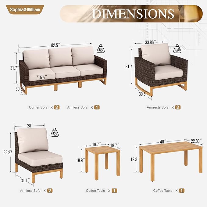 Sophia & William Large Patio Furniture Set, 8 Piece Luxury Rattan Outdoor Sectional Furniture Set, Patio Conversation Set with 3 Armless, 2 Corner Sofa, 2 Single Sofa, 2 Coffee Table(Beige)