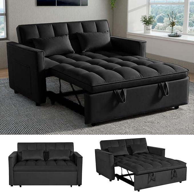 3 in 1 Pull Out Sofa Bed, 54" Sleeper Sofa Bed with 3-Level Adjustable Backrest, Velvet Fabric Loveseat Sleeper Couch for Living Room & Bedroom & Apartment & Dorm Furniture, Black