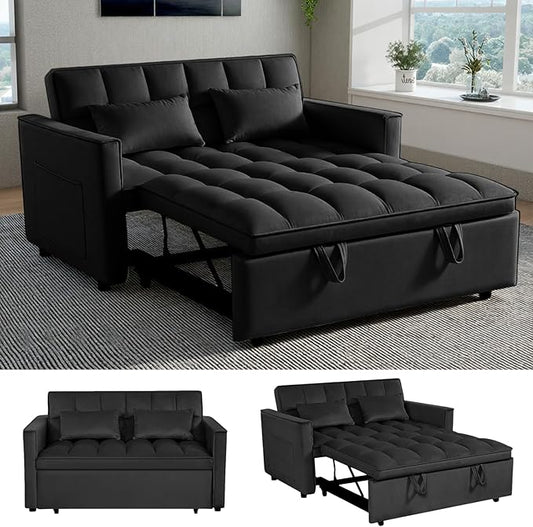 3 in 1 Pull Out Sofa Bed, 54" Sleeper Sofa Bed with 3-Level Adjustable Backrest, Velvet Fabric Loveseat Sleeper Couch for Living Room & Bedroom & Apartment & Dorm Furniture, Black