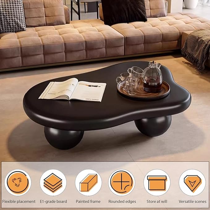 Modern Wooden Coffee Table Cloud Coffee Table Cute Central Living Room Low Table Irregular Indoor End Table Black Coffee Tables with 3 Ball Legs for Living Room Bedroom (Black Round Leg B 47.2 inch)