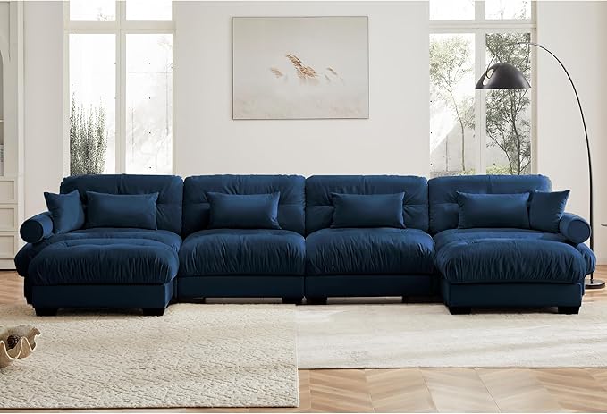 KEIKI 166" U-Shaped Oversized Velvet Modular Sectional Sofa with 2 Ottoman, High-Density Foam Cushions and Bolstered Armrests, Upholstered 4-Seater Cloud Couch with 6 Pillow, for Living Room, Blue