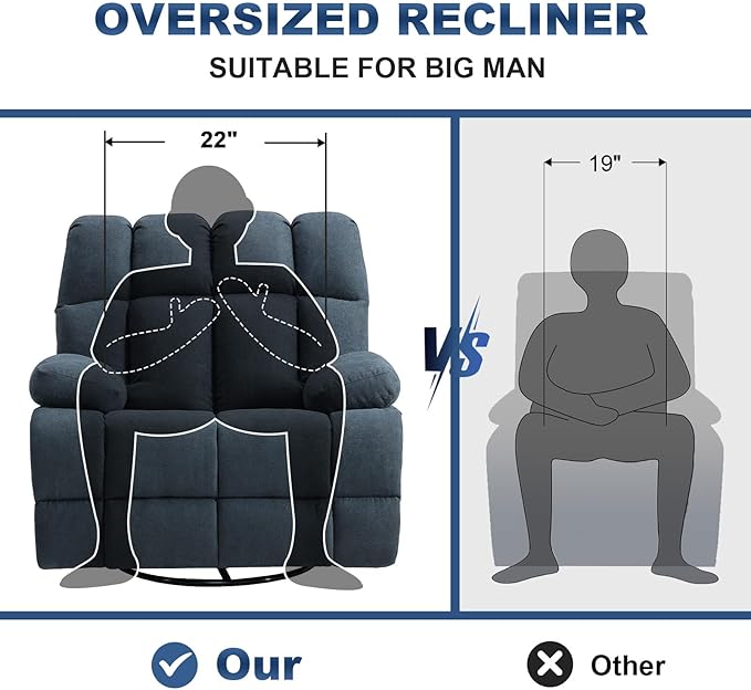 Eiayeebil 2PCS Oversized Recliner Chair, 360° Swivel Rocker Recliner for Big Man, Extra Wide Manual Recliner, Overstuffed Soft Rocking Sofa Chair for Living Room(Grey)