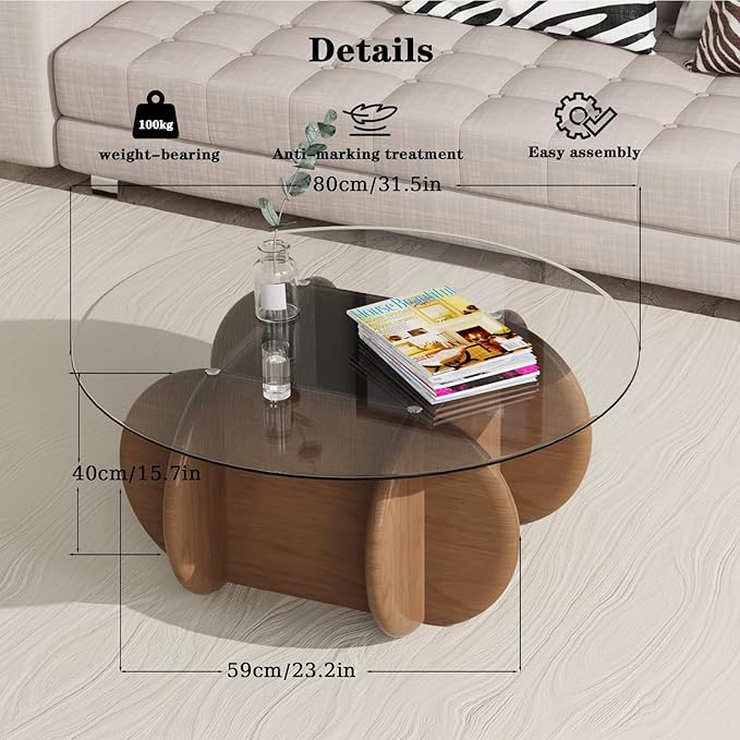 Transparent Round Glass Coffee Tables Noguchi Elegant Round Coffee Table with Solid Wood Legs and Tempered Glass Tabletop for Living Room Home Small Space Reception Office Tables 31.5"