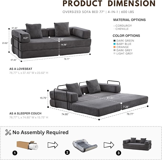 4-in-1 Folding Convertible Sofa Bed, 77" Floor Couch with Pillow - Corduroy Fabric & High-Density Sponge & Fixed-Shape Frame, Modular Sofa for Living Room/Lounge/Studio, Dark Grey