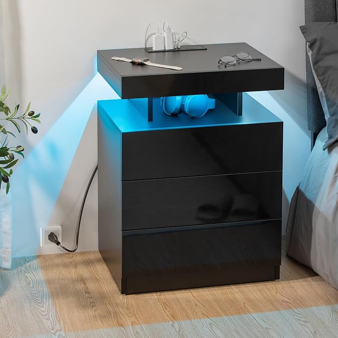 HOMMPA Nightstand with Charging Station and LED Light, Smart Nightstand with USB Port & Wireless Charging, Modern Night Stand with 3 Drawer, Black Beside Table with High Gloss Surface for Bedroom - Image 6