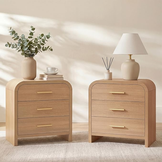 Night Stand Set of 2 [Unique Curved Profile] [FSC-Certified Wooden Board] 3-Drawer Nightstand 27" H Metal Handle Modern Sturdy Bedside Table by TheBeautyofRusticRefined