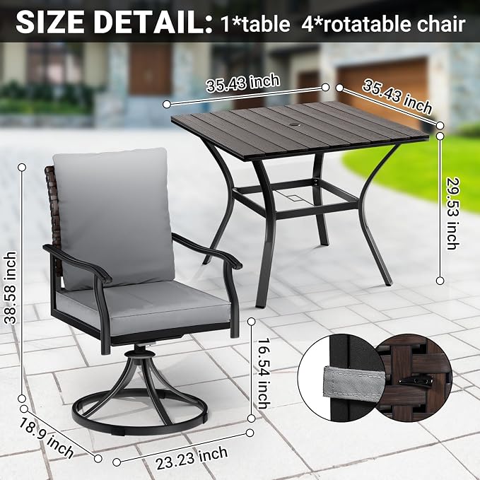 LEVELEVE 5 Piece Outdoor Patio Dining Set with 4 Swivel Dining Chairs & 1 Large Round Dining Table,Bistro Furniture Set for Lawn, Garden, Deck, Backyard and Porch - Image 5