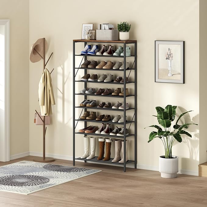 MAHANCRIS 10 Tier Shoe Rack Organizer for Closet, Holds 36-40 Pairs, Tall Metal Shoe Storage Shelf for Entryway Bedroom, Sturdy Freestanding Shoe Rack Space Saving, Large Capacity, Rustic Brown - Image 9