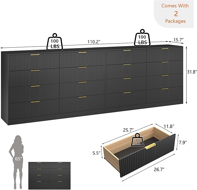 Black Dresser Set of 2, Large Dresser for Bedroom Wooden with 16 Drawers, Fluted Modern Bedroom Furniture Set, TV Stand Dressers & Chests of Drawers for Closet (15.7" D x 110.2" W x 36" H)
