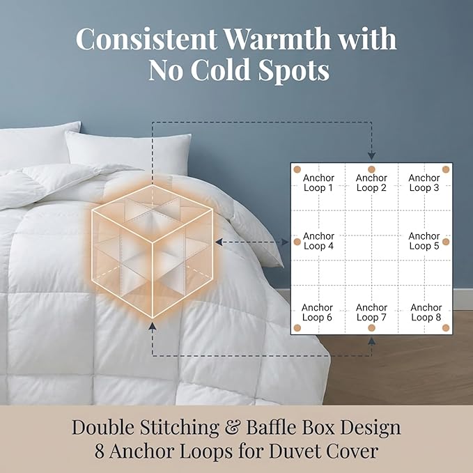 Bella Sonni® | Hotel-Quality All-Season Down Comforter Queen Size | Lightweight Yet Warm Duvet Insert for Hot Sleepers & Year-Round Use | No Cold Spots | 50-50 Down & Feather Fill | 750 Fill Power