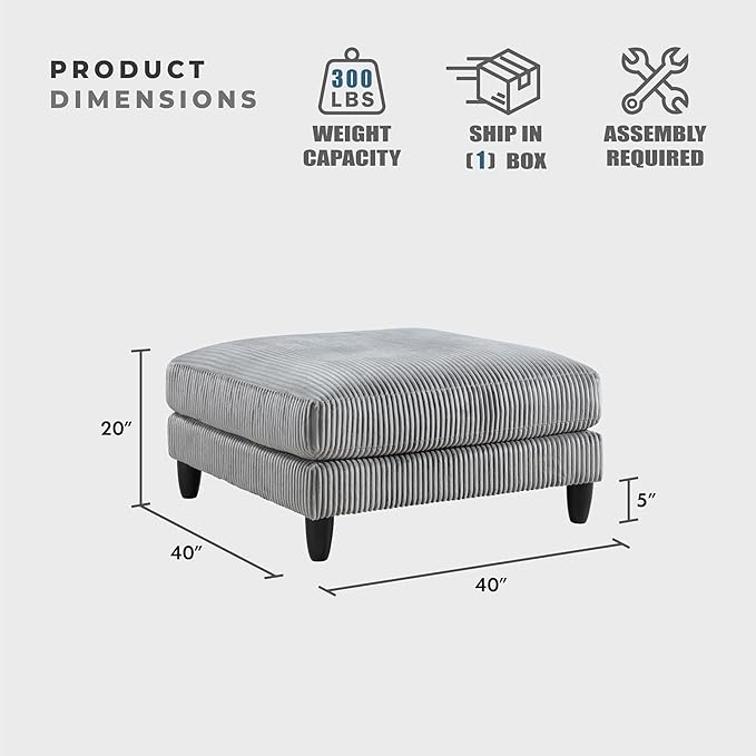 Lexicon 40" Modern Ottoman, Corduroy Square Ottoman, Living Room Foot Rest, Module for Sectional Sofa, Foot Stool for Living Room/Bedroom, Assembled, Gray