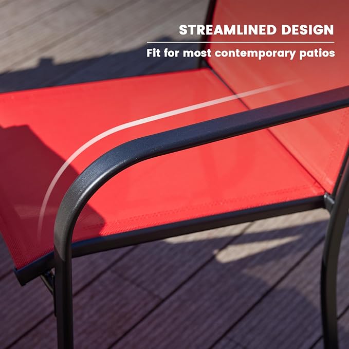 VICLLAX 7 Pieces Patio Dining Set, Patio Furniture Set of 6 Patio Stackable Dining Chairs and Outdoor Metal Table with Umbrella Hole for Backyard Lawn Garden, Red Chairs and Black Table - Image 4