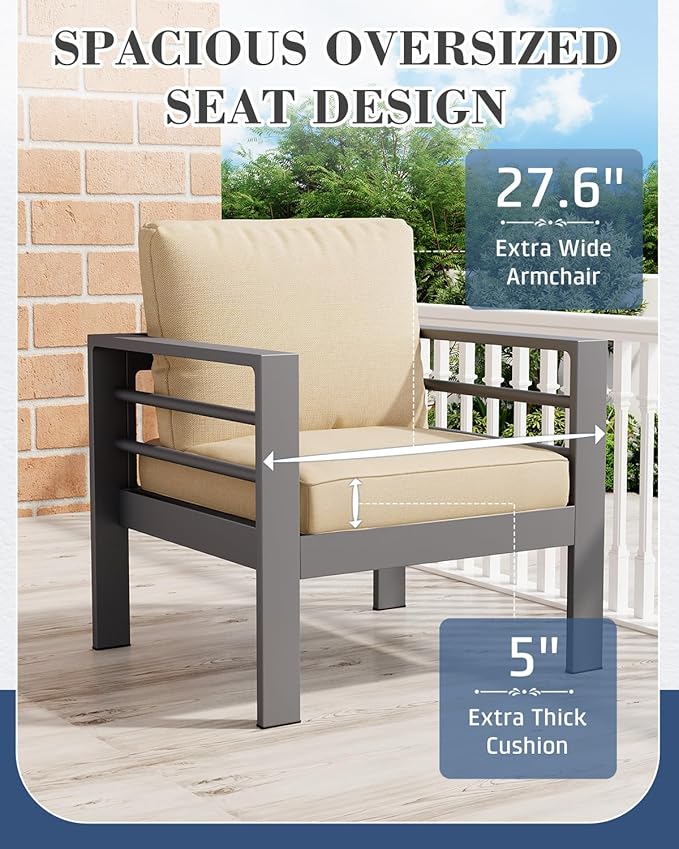 AECOJOY Aluminum Patio Furniture Set, 9 Seats Modern Outdoor Furniture with Coffee Table, 7 Pieces Metal Conversation Sectional Sofa, Beige