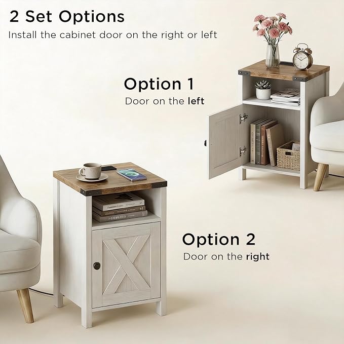 Vabches Farmhouse Nightstands Set of 2 with Barn Door, End Table with Charging Station, Rustic Bedside Table with Storage and Open Compartment for Bedroom, White - Image 7