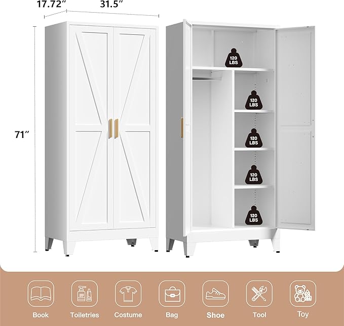 LCAOPC 71" Tall Metal Wardrobe Closet with Adjustable Shelves and Hanging Rod, 2 Doors Office Storage Locker Cabinet for Home, Office, Bedroom, Laundry Room, White