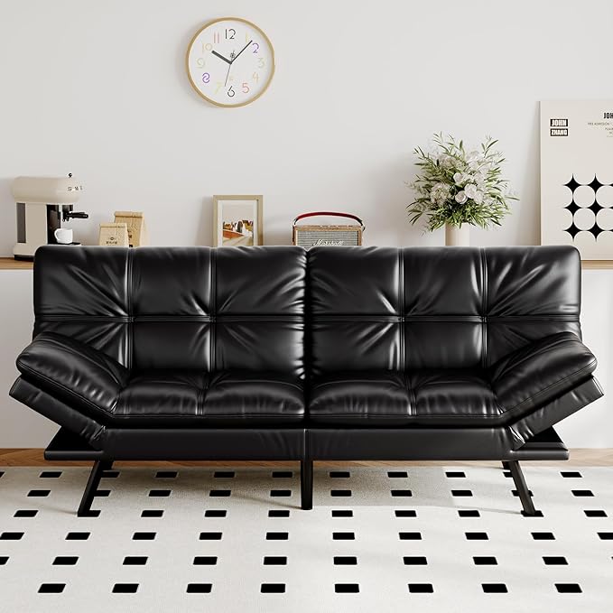 Futon Sofa Bed Convertible Couch, Black Faux Leather Sofa Bed with Memory Foam, Adjustable Backrest & Armrests, Multifunctional Small Loveseat Sleeper Sofa for Living Room, Apartment, Office