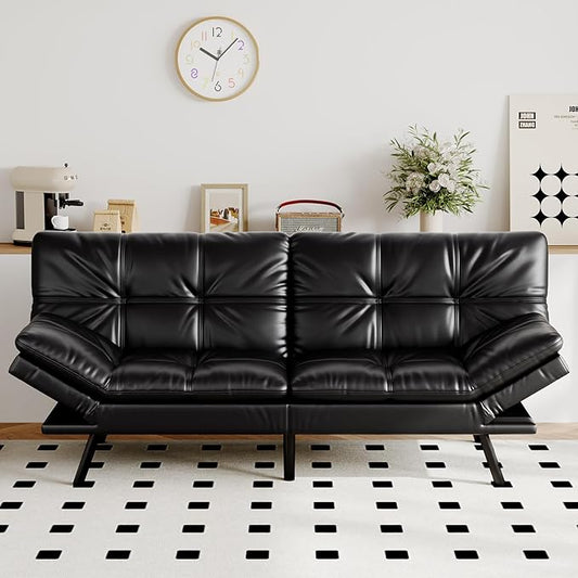 Futon Sofa Bed Convertible Couch, Black Faux Leather Sofa Bed with Memory Foam, Adjustable Backrest & Armrests, Multifunctional Small Loveseat Sleeper Sofa for Living Room, Apartment, Office