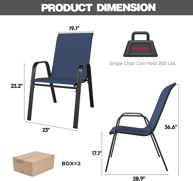 Patio Chairs Set of 4, Stackable Outdoor Dining Chairs for All Weather Textilene Fabric & Metal Frame, Outdoor Chairs Set for Backyard Deck Garden (Dark Blue, Set of 4) - Image 8