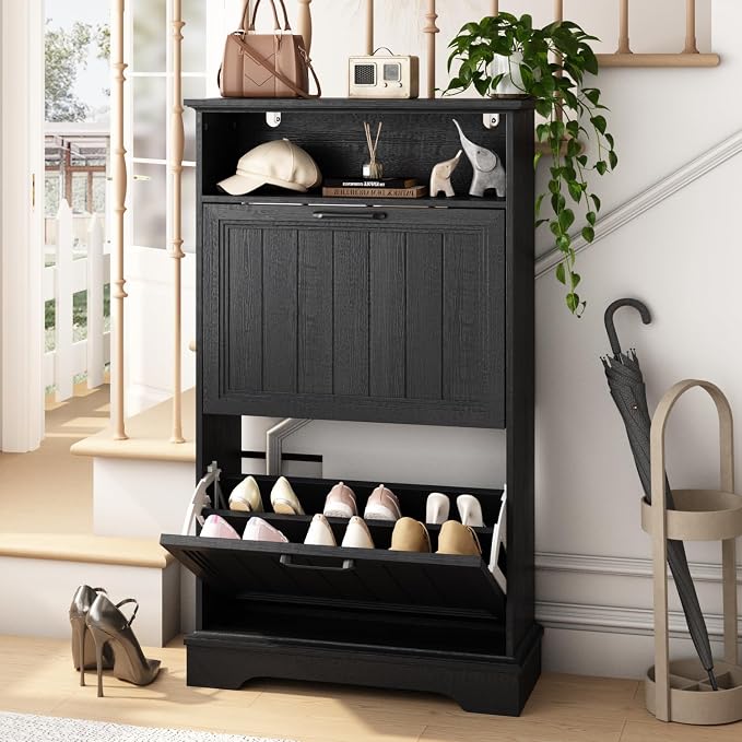 Shoe Storage Cabinet with 2 Flip Drawers, 24" W Farmhouse Modern Hidden Shoes Rack Cabinet with Adjustable Shelves & Open Storage, Narrow Slim Shoe Organizer for Front Door Entrance, Entryway, Black by WINWY