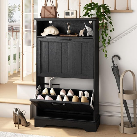 Shoe Storage Cabinet with 2 Flip Drawers, 24" W Farmhouse Modern Hidden Shoes Rack Cabinet with Adjustable Shelves & Open Storage, Narrow Slim Shoe Organizer for Front Door Entrance, Entryway, Black by WINWY